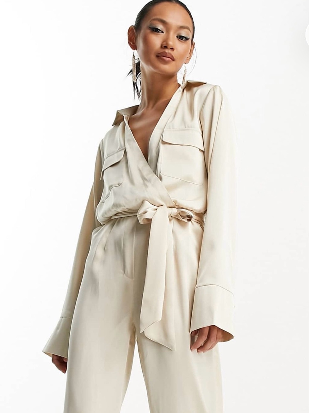 Tie-Waist Wide Leg Jumpsuit in Cream